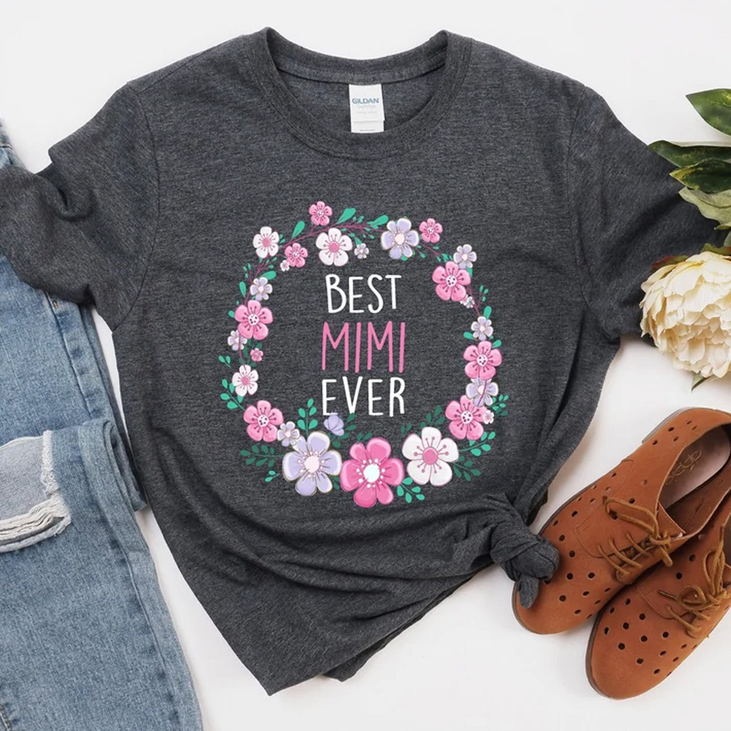 BEST MIMI EVER 2D Floral Dark Grey Tee